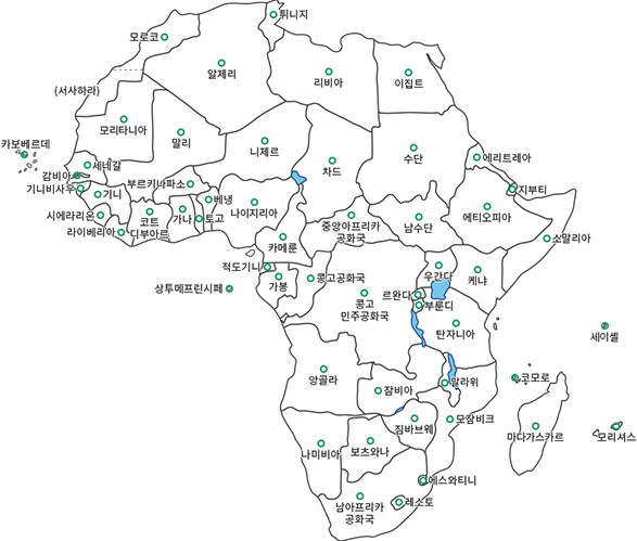 아프리카 지도 - 가나,가봉,감비아,기니,기니비사우,나미비아,나이지리아,남수단,남아프리카공화국,니제르,라이베리아,레소토,르완다,리비아,마다가스카르,말라위,말리,모로코,모리셔스,모리타니,모잠비크,베냉,보츠와나,부룬디,부르키나파소,상투메프린시페,세네갈,세이셸,소말리아,수단,시에라리온,알제리,앙골라,에리트레아,에스와티니,에티오피아,우간다,이집트,잠비아,적도 기니,중앙아프리카공화국,지부티,짐바브웨,차드,카메룬,카보베르데,케냐,코모로,코트디부아르,콩고,콩고민주공화국,탄자니아,토고,튀니지